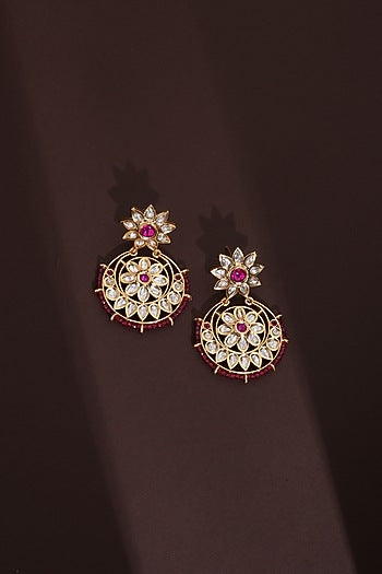 Rose Gold Finish Red Kundan Polki Chandbali Earrings