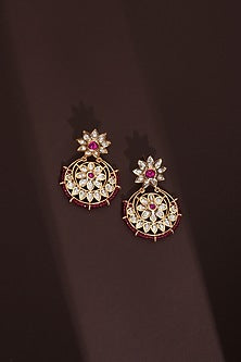 Rose Gold Finish Red Kundan Polki Chandbali Earrings