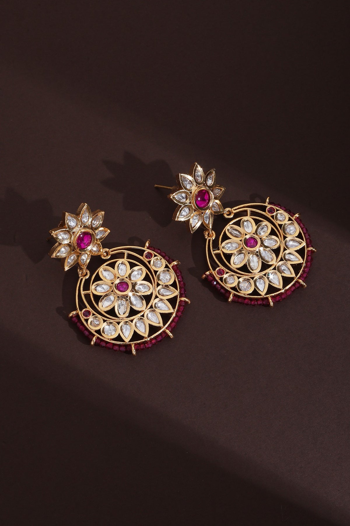 Rose Gold Finish Red Kundan Polki Chandbali Earrings