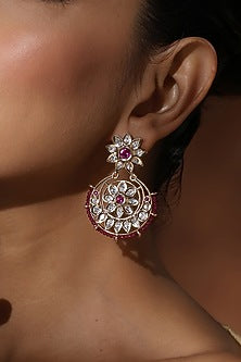 Rose Gold Finish Red Kundan Polki Chandbali Earrings
