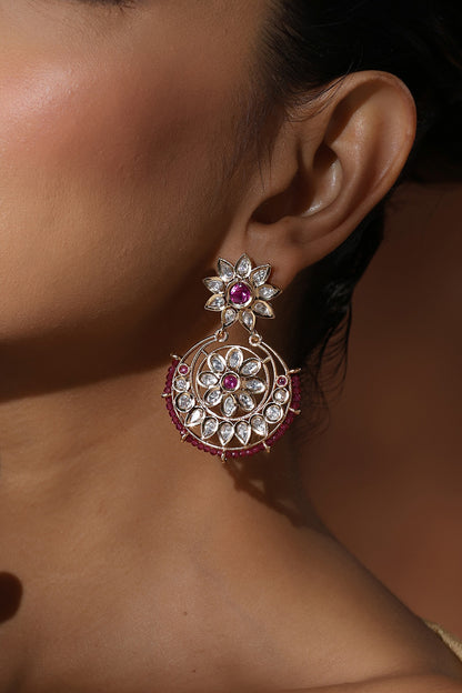 Rose Gold Finish Red Kundan Polki Chandbali Earrings