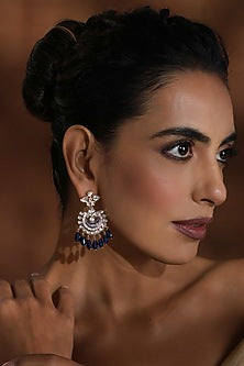 Rose Gold Finish Blue Kundan Polki Chandbali Earrings