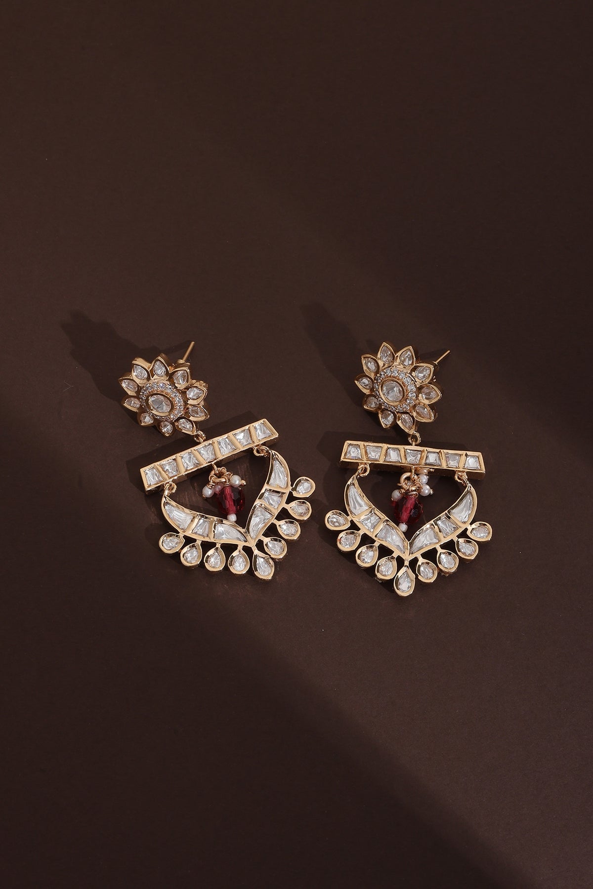 Rose Gold Finish Kundan Polki Chandbali Earrings