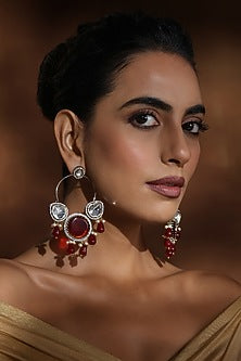Rose Gold Finish Red & Silver Kundan Polki Chandbali Earrings