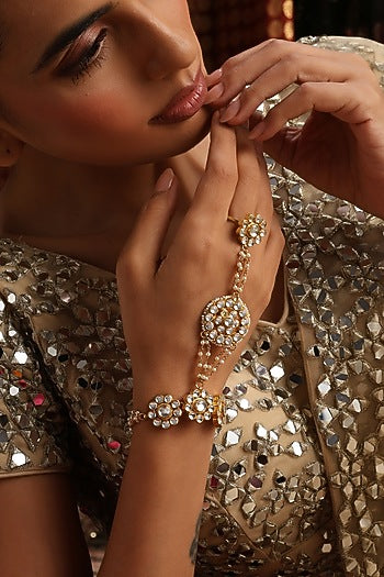 Gold Finish Kundan Polki Handcrafted Haathphool