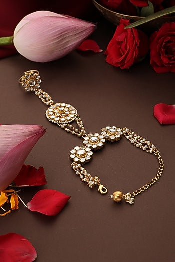 Gold Finish Kundan Polki Handcrafted Haathphool