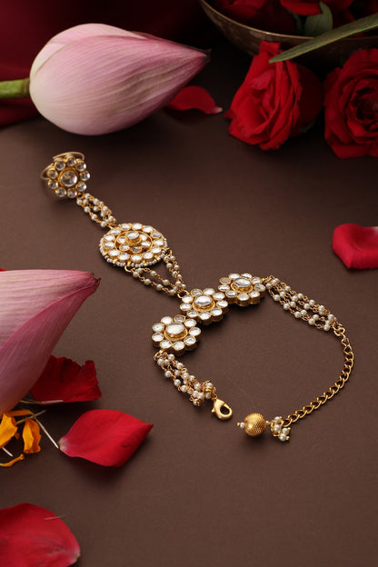 Gold Finish Kundan Polki Handcrafted Haathphool