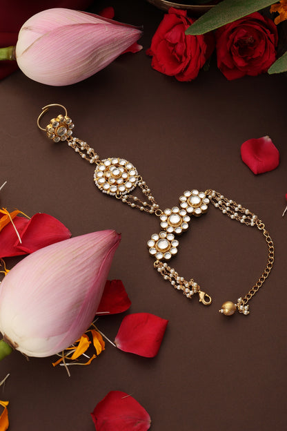 Gold Finish Kundan Polki Handcrafted Haathphool