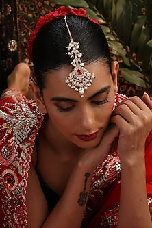 Rose Gold Finish Red Kundan Polki Handcrafted Maangtikka