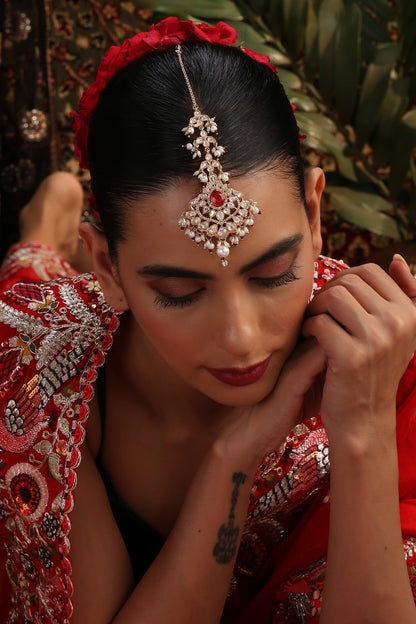 Rose Gold Finish Red Kundan Polki Handcrafted Maangtikka
