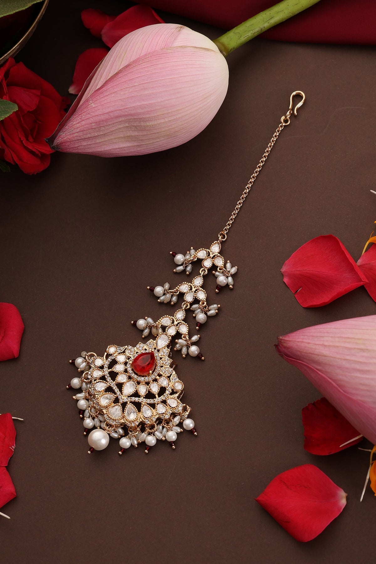Rose Gold Finish Red Kundan Polki Handcrafted Maangtikka