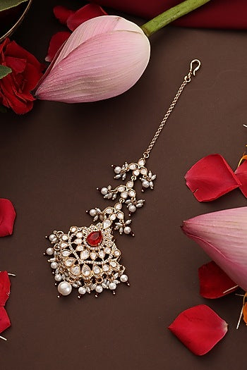Rose Gold Finish Red Kundan Polki Handcrafted Maangtikka