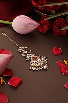 Rose Gold Finish Red Kundan Polki Handcrafted Maangtikka
