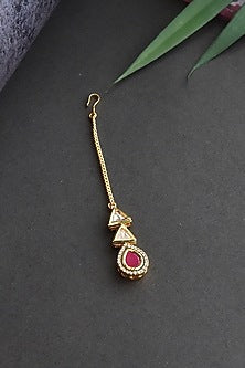 Gold Finish Red Kundan Polki Handcrafted Maang Tikka