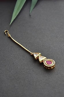 Gold Finish Red Kundan Polki Handcrafted Maang Tikka