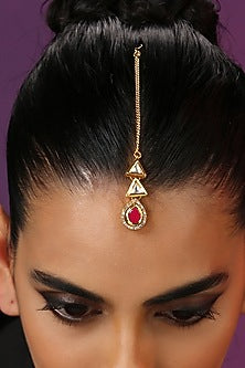 Gold Finish Red Kundan Polki Handcrafted Maang Tikka