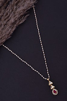 Gold Finish Red Kundan Polki & Pearl Handcrafted Long Necklace