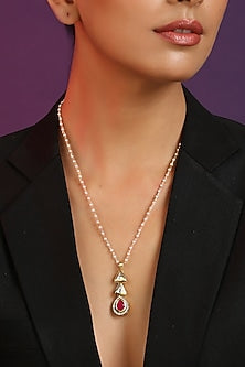 Gold Finish Red Kundan Polki & Pearl Handcrafted Long Necklace