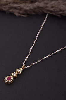 Gold Finish Red Kundan Polki & Pearl Handcrafted Long Necklace