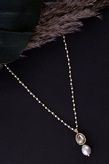 Gold Finish White Kundan Polki & Pearl Handcrafted Long Necklace