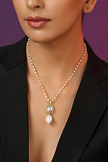 Gold Finish White Kundan Polki & Pearl Handcrafted Long Necklace