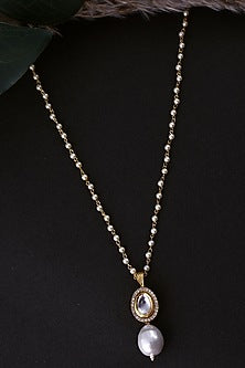 Gold Finish White Kundan Polki & Pearl Handcrafted Long Necklace
