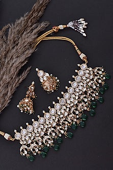 Gold Finish Green Kundan Polki Handcrafted Choker Necklace Set