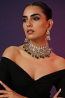 Gold Finish Green Kundan Polki Handcrafted Choker Necklace Set
