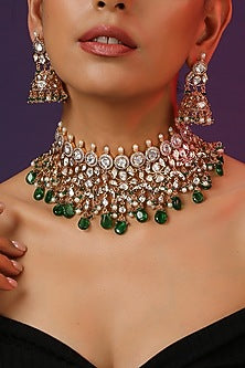 Gold Finish Green Kundan Polki Handcrafted Choker Necklace Set