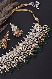 Gold Finish Green Kundan Polki Handcrafted Choker Necklace Set