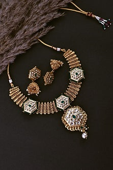 Gold Finish Green Kundan Polki Temple Necklace Set