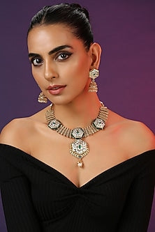 Gold Finish Green Kundan Polki Temple Necklace Set