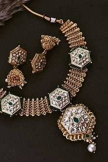 Gold Finish Green Kundan Polki Temple Necklace Set