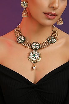 Gold Finish Green Kundan Polki Temple Necklace Set