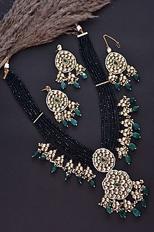 Gold Finish Green Kundan Polki Long Necklace Set