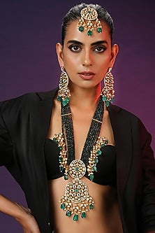 Gold Finish Green Kundan Polki Long Necklace Set