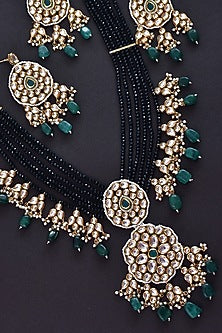 Gold Finish Green Kundan Polki Long Necklace Set