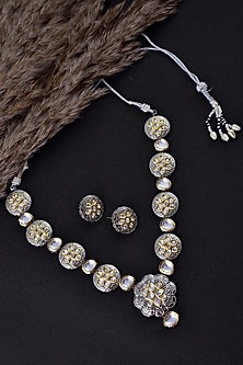 Two Tone Finish Silver Kundan Polki Long Necklace Set