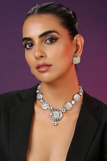 Two Tone Finish Silver Kundan Polki Long Necklace Set