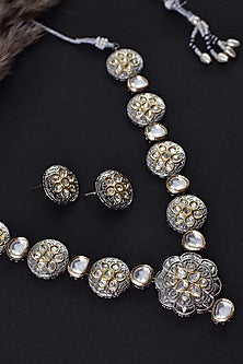 Two Tone Finish Silver Kundan Polki Long Necklace Set