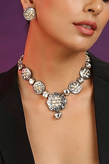 Two Tone Finish Silver Kundan Polki Long Necklace Set