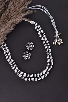 Black Rhodium Finish Silver Kundan Polki Long Necklace Set