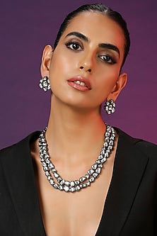 Black Rhodium Finish Silver Kundan Polki Long Necklace Set