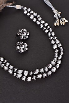 Black Rhodium Finish Silver Kundan Polki Long Necklace Set