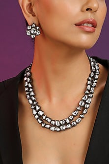 Black Rhodium Finish Silver Kundan Polki Long Necklace Set