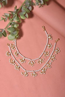 Gold Finish Kundan Polki & Pearl Anklets (Set Of 2)