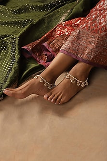 Gold Finish Kundan Polki & Pearl Anklets (Set Of 2)
