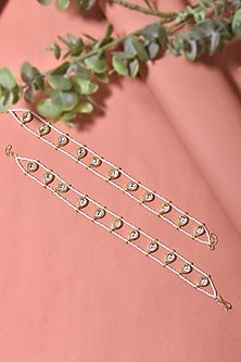 Gold Finish Kundan Polki & Pearl Anklets (Set Of 2)