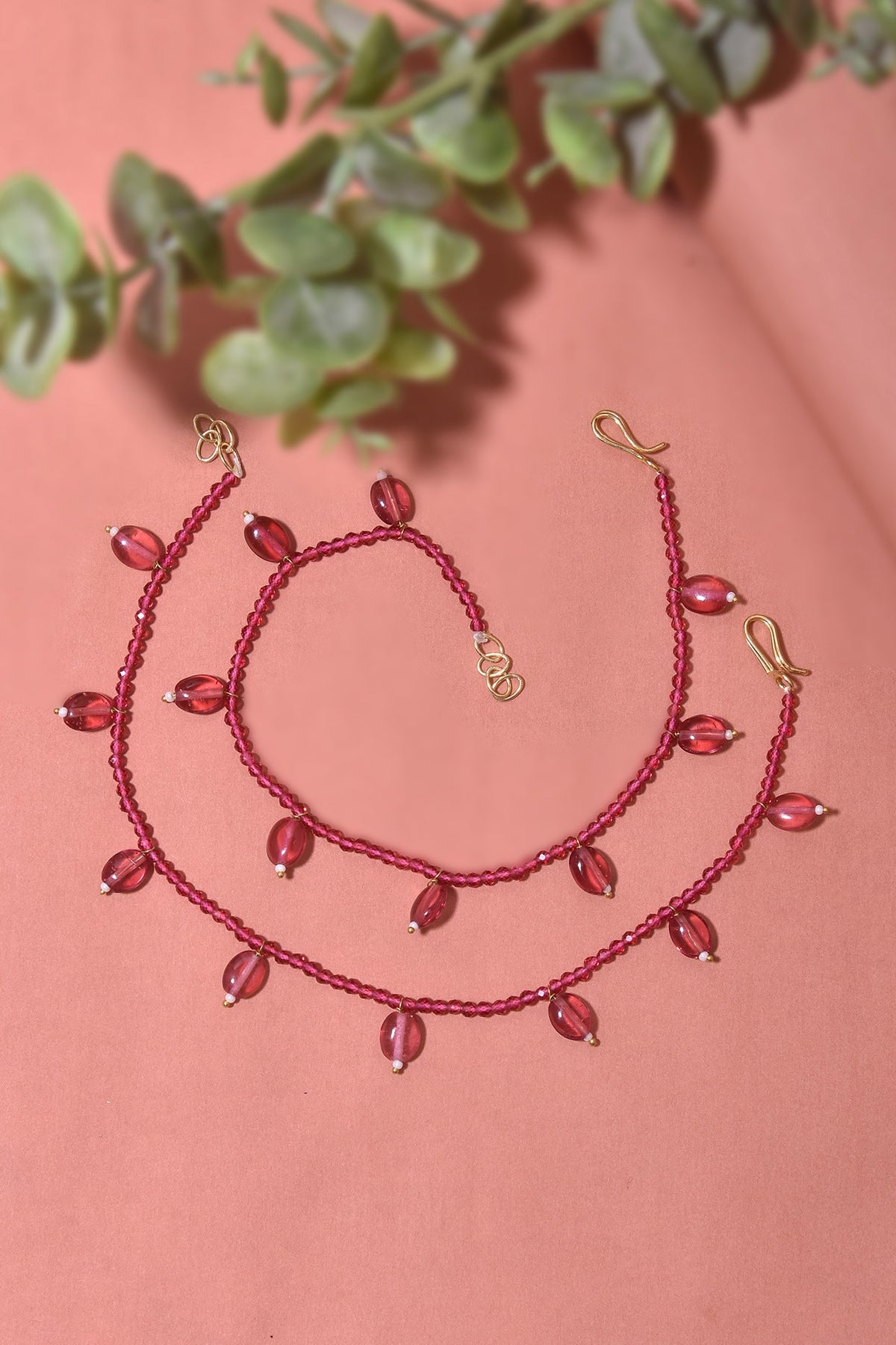Gold Finish Stone & Beaded Anklets (Set Of 2)
