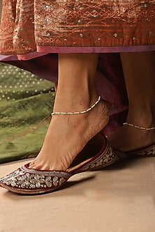 Gold Finish Kundan Polki & Pearl Anklets (Set Of 2)